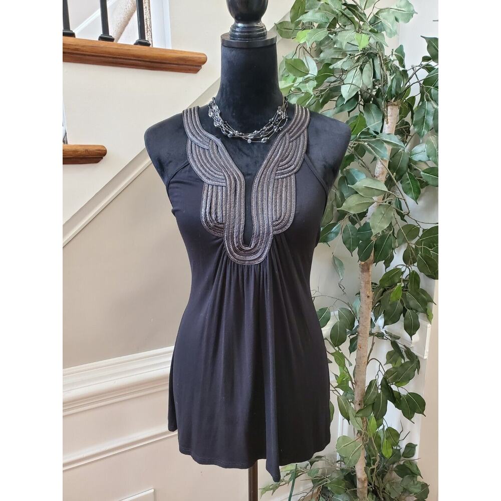 B'leev Womens Black Rayon V Neck Sleeveless Casual Pleated Top Blouse Size L
